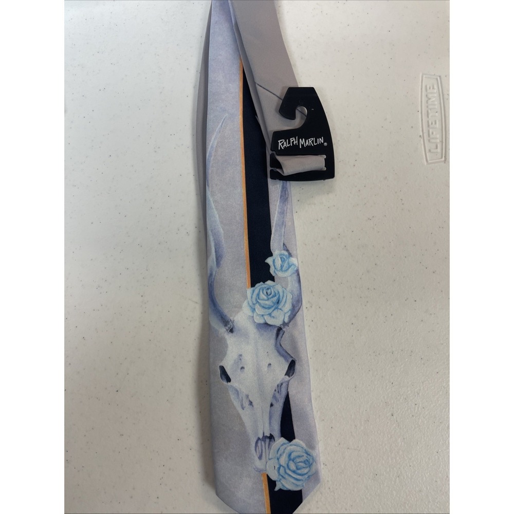VINTAGE 1991 Ralph Marlin 'Skull with Roses' Longhorn Western Tie